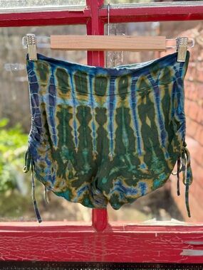 Tie-Dye Green & Blue Women's Booty Shorts with Side Scrunch Ties